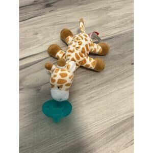 Wubbanub Tan Brown Giraffe Small Plush Baby Toy Pacifier Holder Green Pacifier